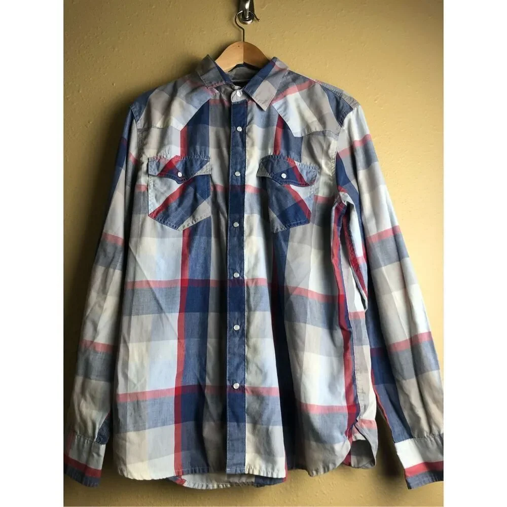 Levi’s Plaid Western Snap Button Shirt Mens Medium Blue Red